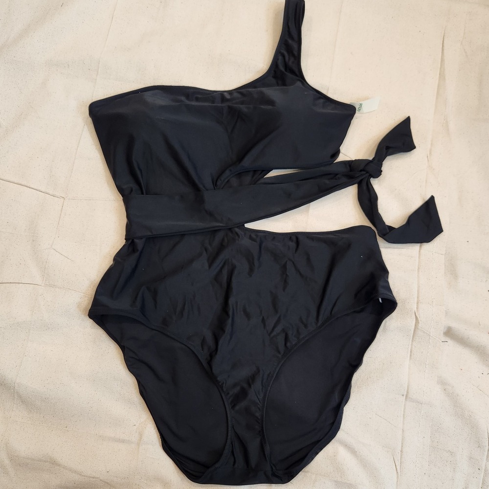New Aerie One Shoulder Cutout One Piece Swimsuit Womens XXL Black Wrap Tie